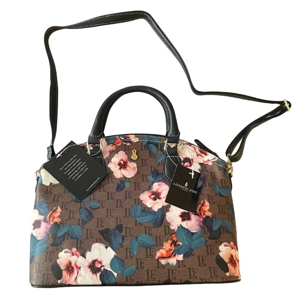 London Fog Stafford Brown Floral Shoulder Bag Satchel Handbag NEW